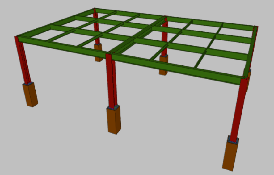 Modelo estructural de mezanine metálico sobre columnas de concreto